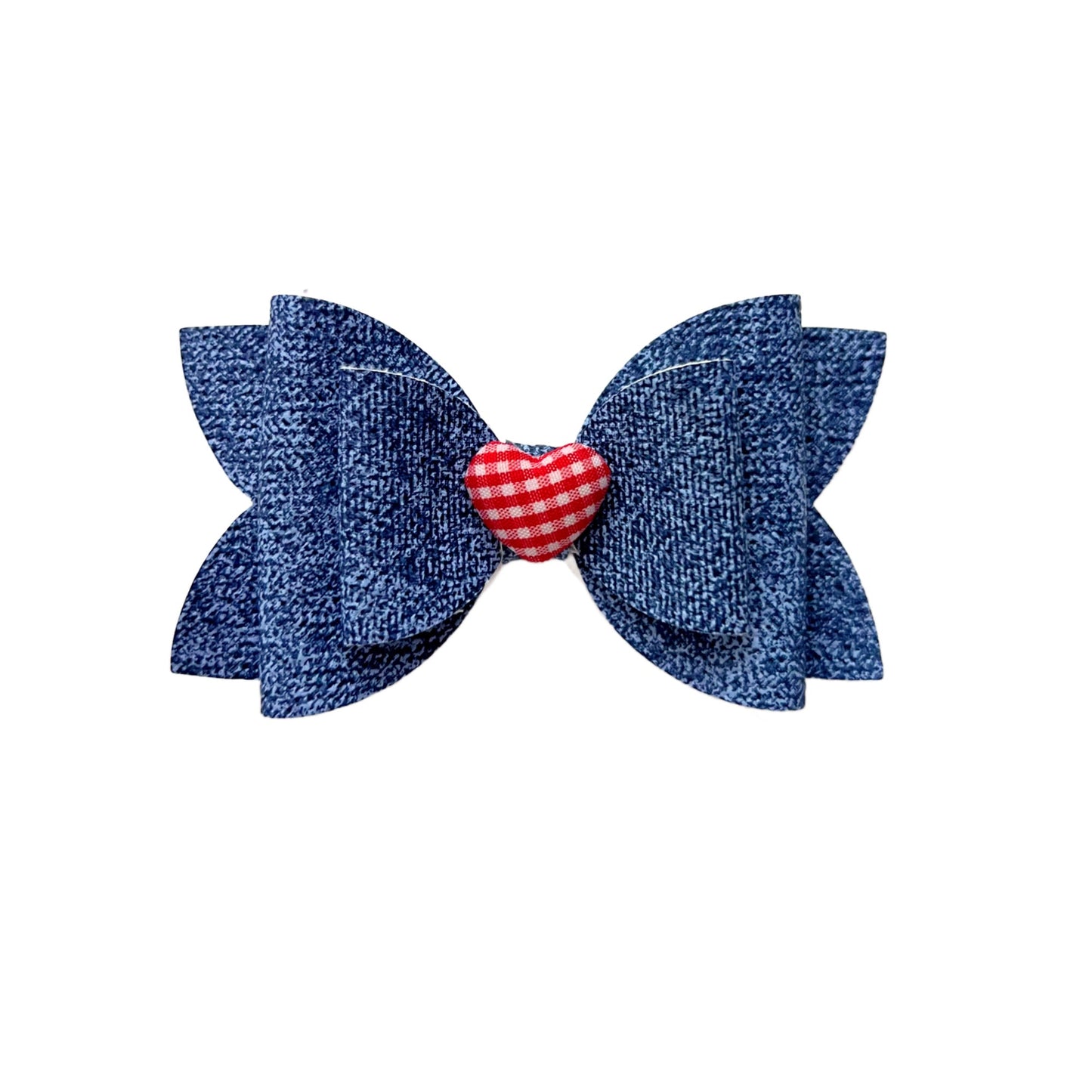 Red Gingham Heart On Faux Denim Hair Bow
